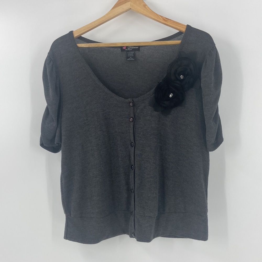 Love Delirious Los Angeles grey sweater with black fabric rose